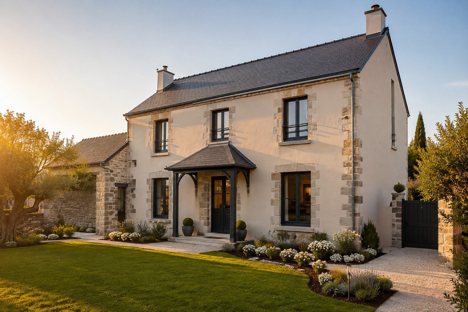 Maison rénovée en pierre avec façade et toiture restaurées, jardin paysager